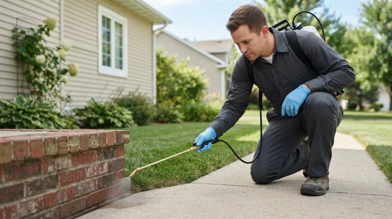 Pest control technician treating a home near New Harmony, UT